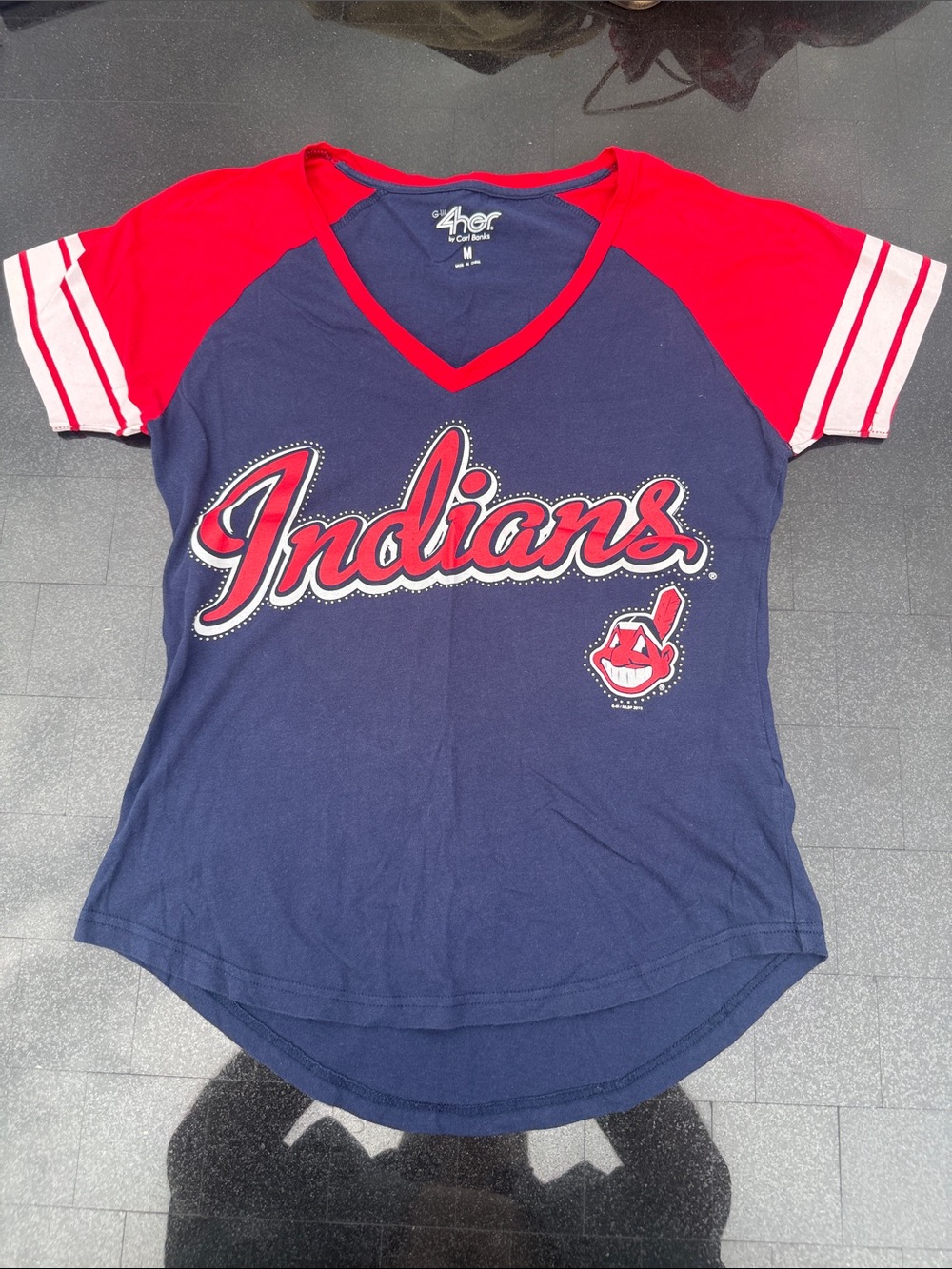 4Her by Carl Banks Women’s Navy and Red Indians V-Neck Short Sleeve Tee